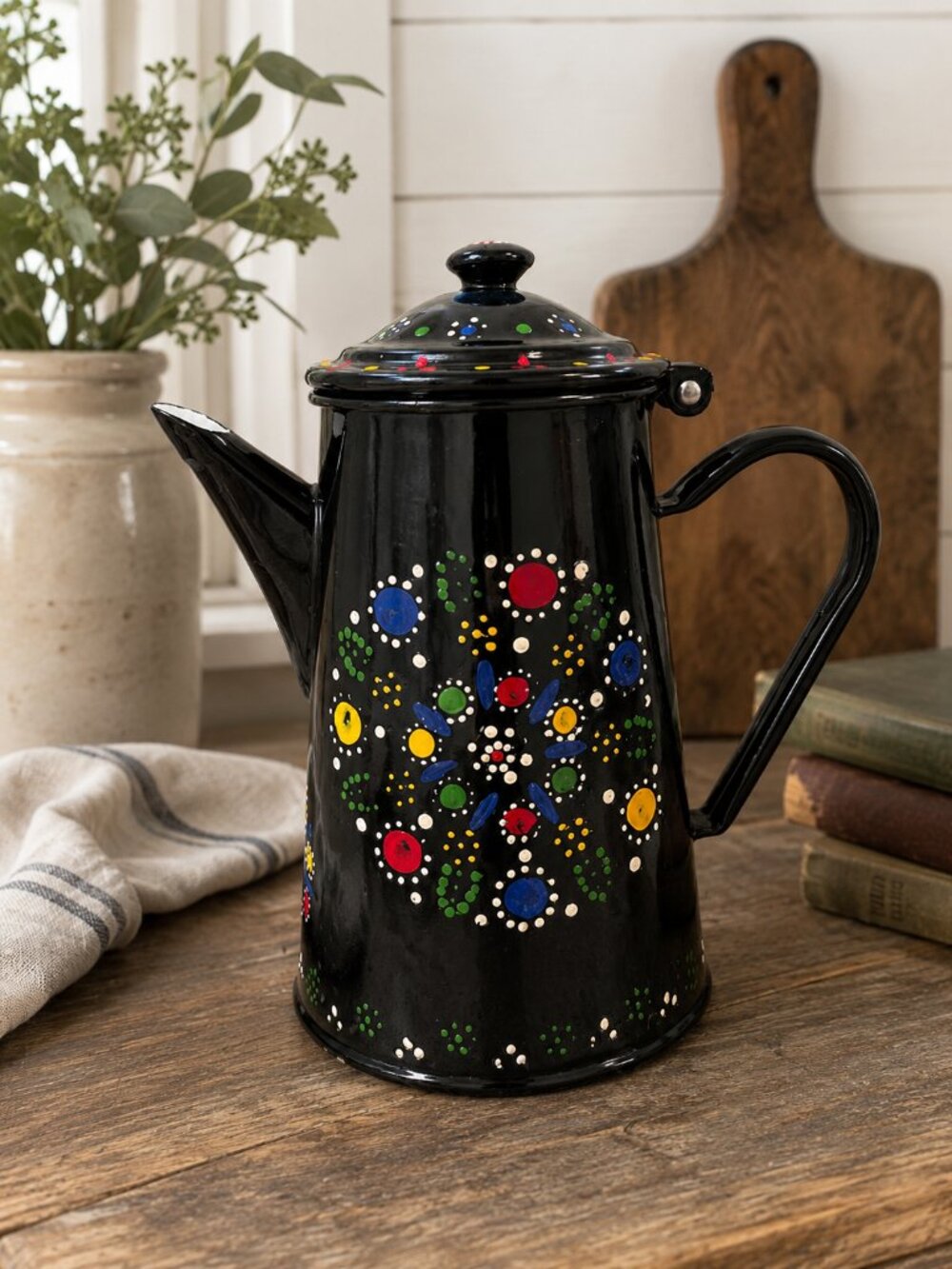 Vintage Hand Painted Enamelware Coffee Pot Kettle Black Floral Dot Folk Art